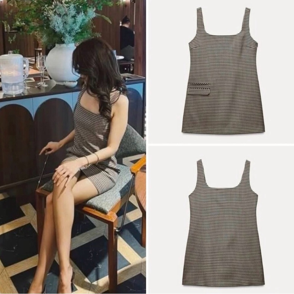 Zara Checkered Mini Dress - brown